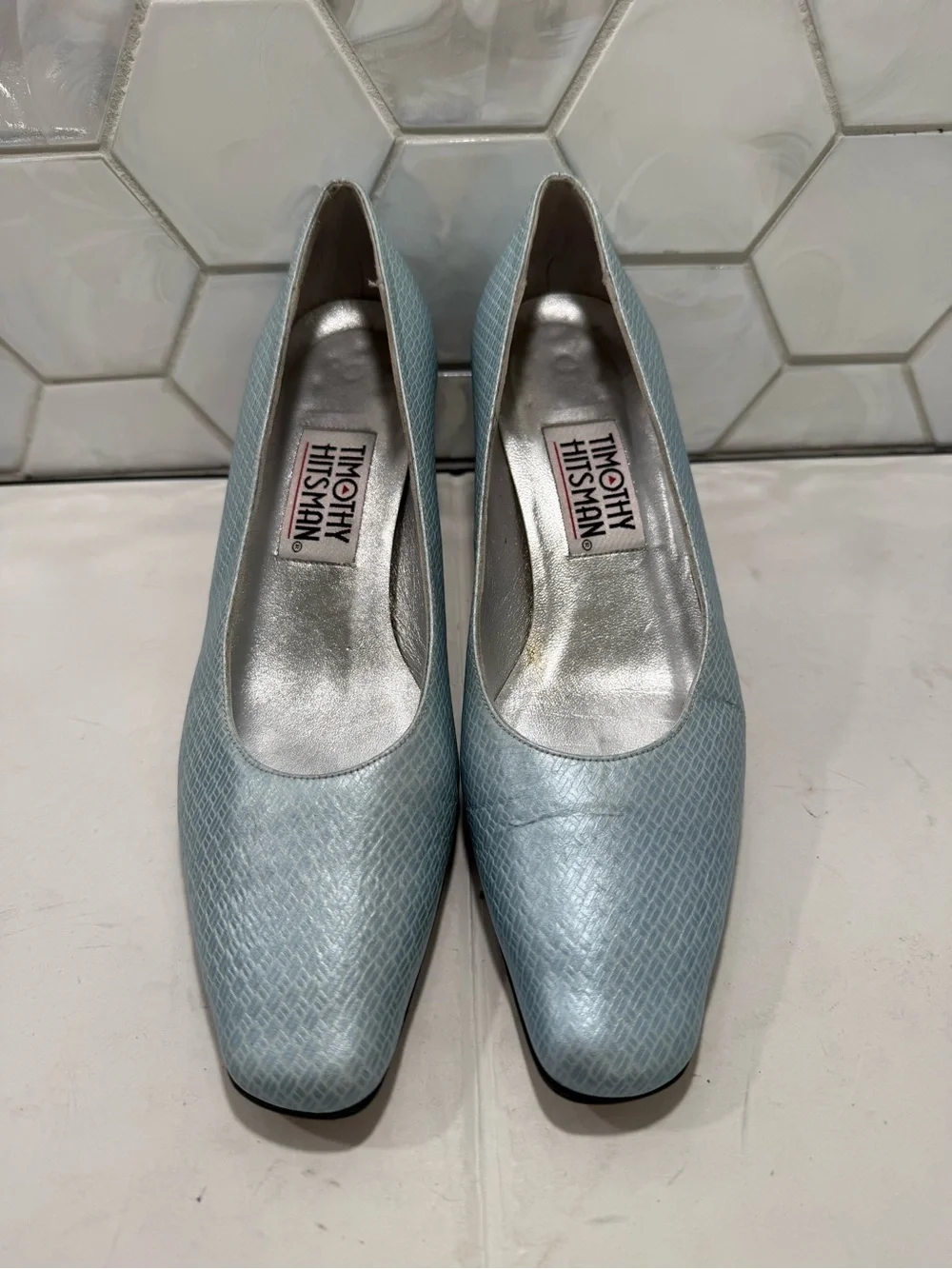 Timothy Hitsman VTG Textured Light Blue Pump Shoe Metal Heart Block Heel 5.5-6?